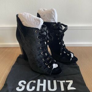 Schutz Bootie Womens 10 Black Neapoli Block Heel Lace Up Velvet Peep Toe